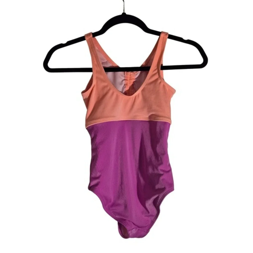 Justice Beach Girls One Piece Swimsuit Ribbed Colorblock Orange Purple Size M 10